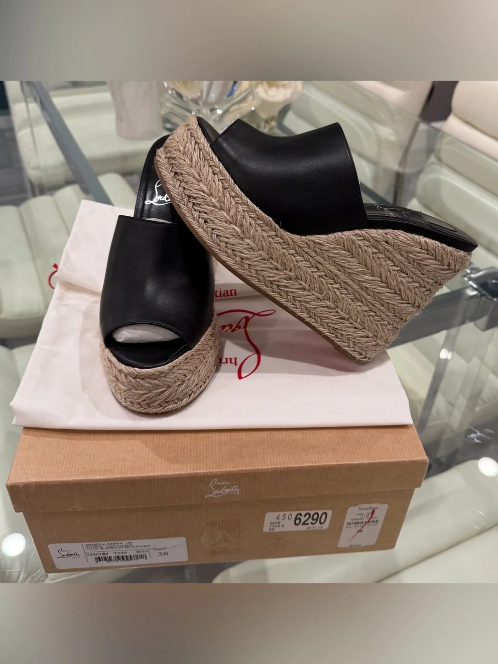 Christian Louboutin Black Leather Espadrille Wedge Sandals with Red Sole